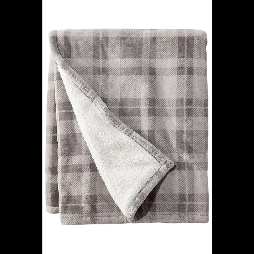 Home Reflections 60x 80" Plush Throw with Sherpa Bag Gray Plaid